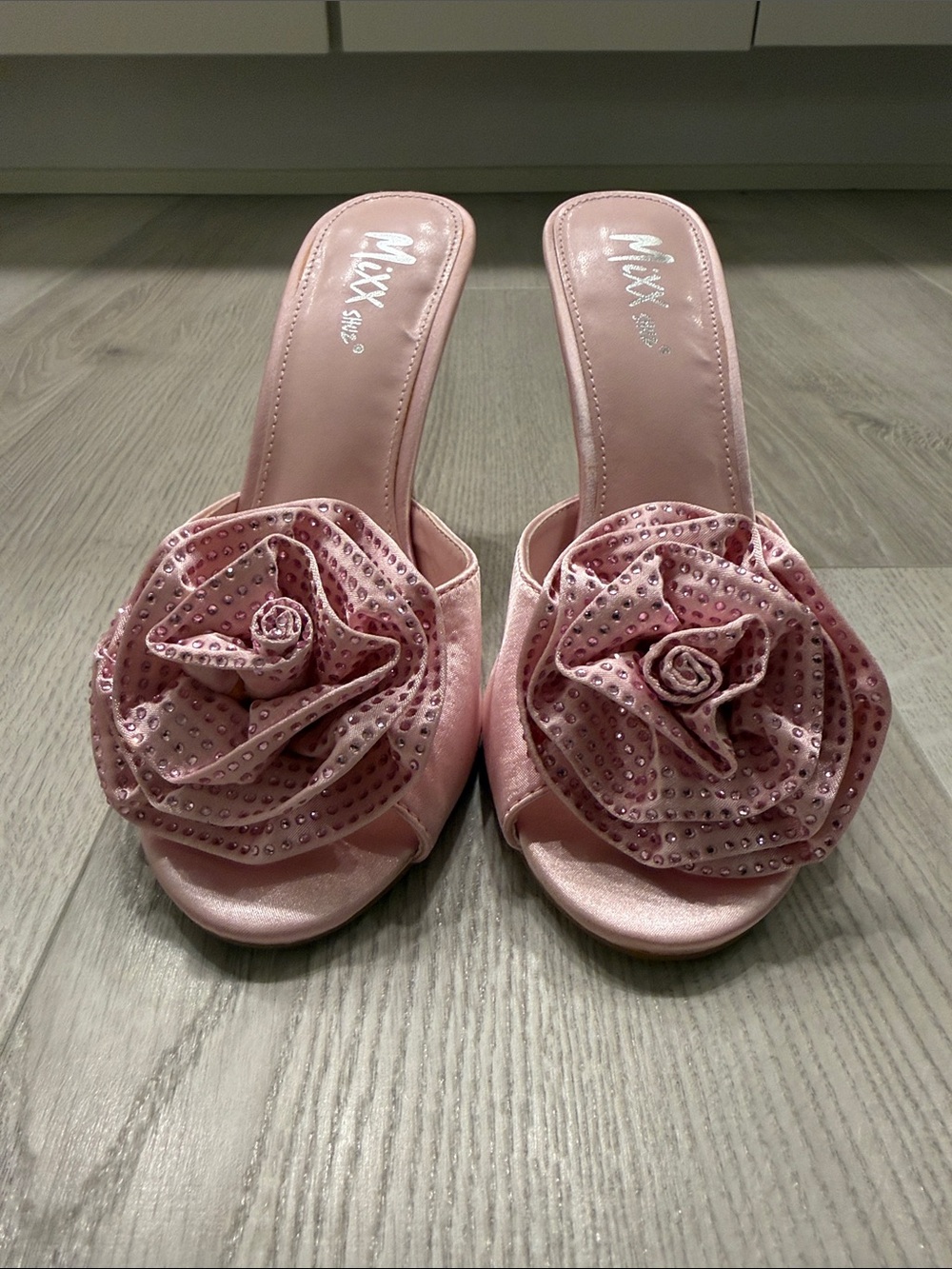 MIA Pink Floral Rosette Slide Mules with Crystal Accents